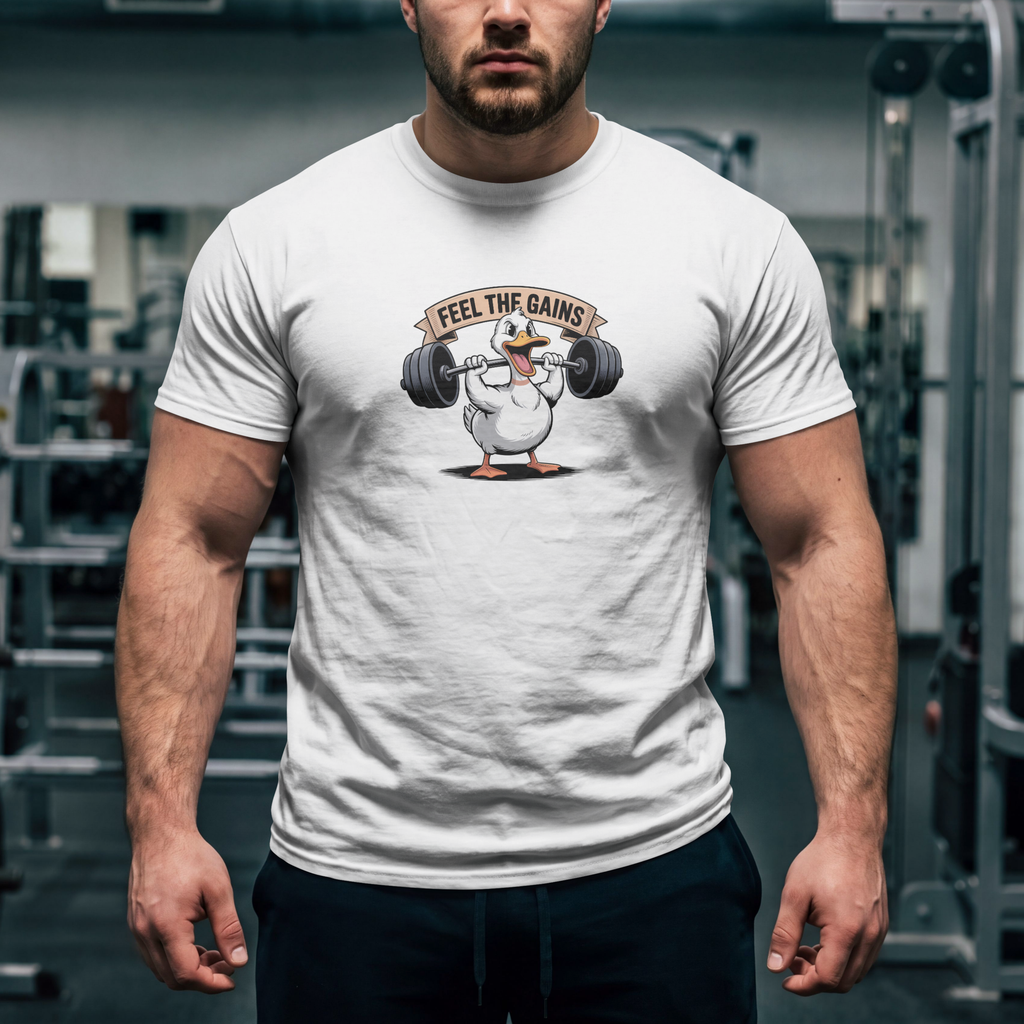 Feel The Gains | Funny Gym Duck Graphic T-Shirt